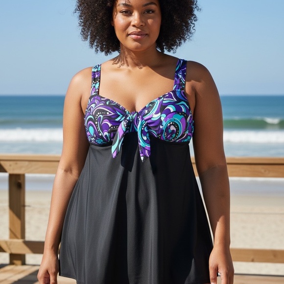 Robby Len Other - Robby Len - EC - Vintage Elegant Purple and Black One-Piece Swim Dress